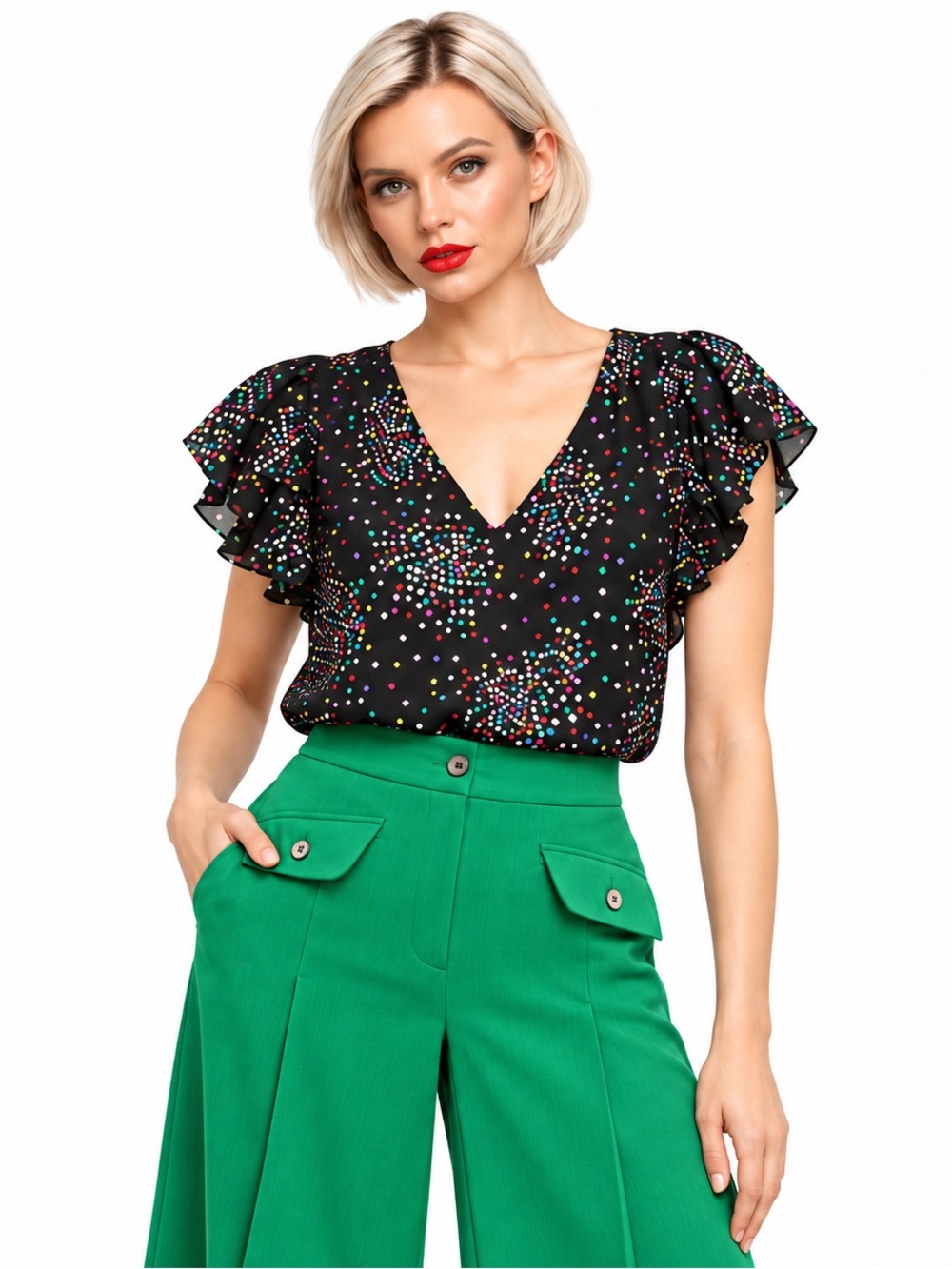 Kate Spade New York Confetti Cheer V-Neck Flutter Sleeve Blouse Black S NWOT